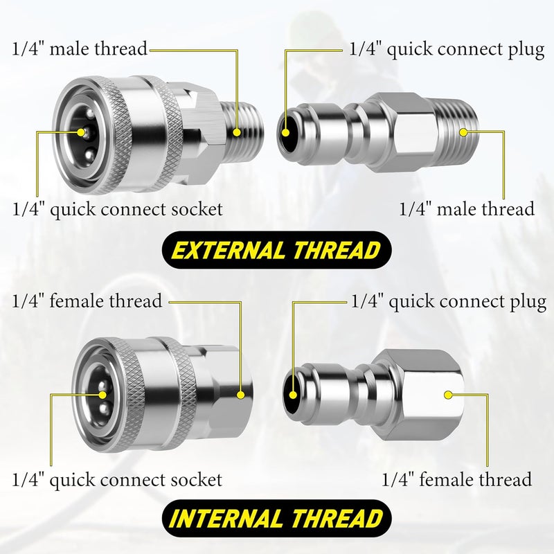 Qoroos 4 Sets NPT 1/4 Inch Quick Connect Pressure Washer Fittings Stainless Steel Quick Connect Kit Male and Female Pressure Washer Adapter Set (Internal Thread, External Thread) - Image 4